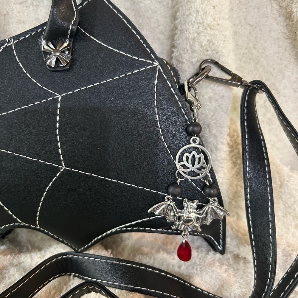 BAT WING HALLOWEEN BAG W SPIDER WEB DESIGN AND BAT BAG CHARM GOTH PUNK NWOT - Picture 2 of 8